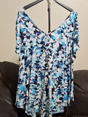 Roaman's Blue and White Abstract V-Neck Tunic